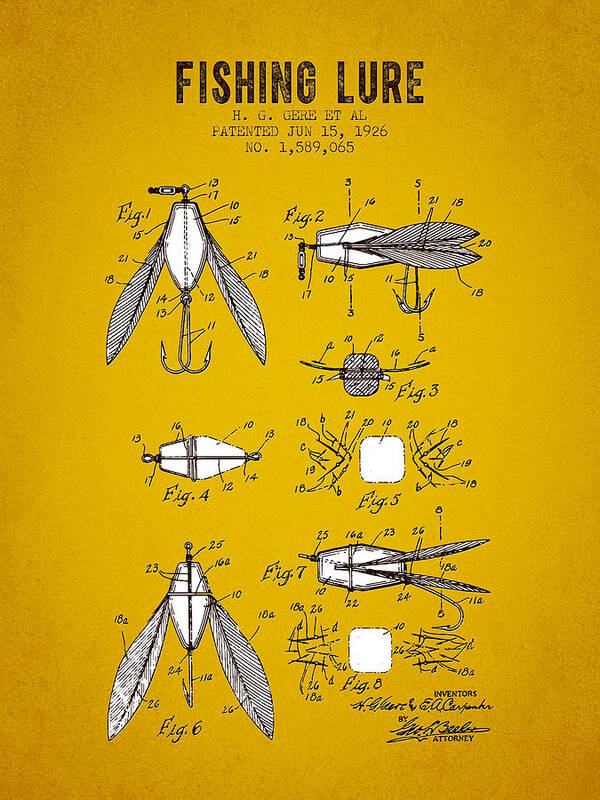 Fishing Art Print featuring the digital art 1926 Fishing Lure Patent - Yellow Brown by Aged Pixel