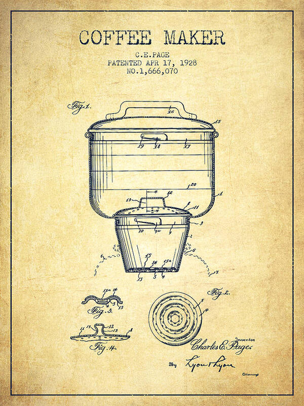 Coffee Art Print featuring the digital art 1928 Coffee maker patent - vintage by Aged Pixel