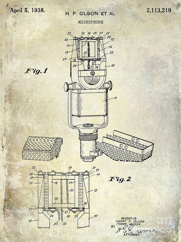 Microphone Patent Art Print featuring the photograph 1938 Microphone Patent Drawing by Jon Neidert