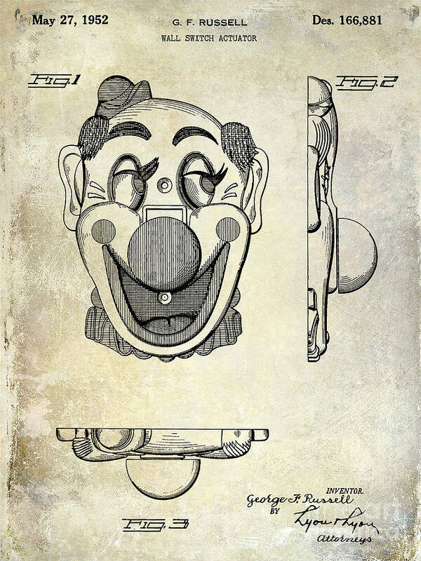 Clown Art Print featuring the photograph 1952 Clown Light Switch Patent by Jon Neidert