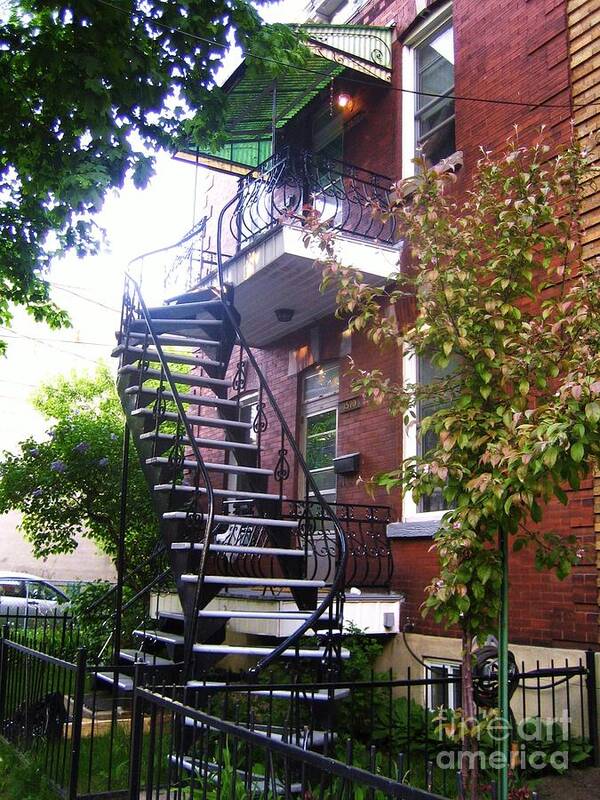 Stairs Balcony Windows House Trees Street Scene Garden Art Print featuring the photograph Streets of Montreal #2 by Reb Frost
