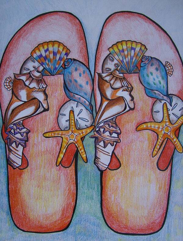 Beachy Themed Art Print featuring the drawing Beach Shoes #3 by Leslie Manley