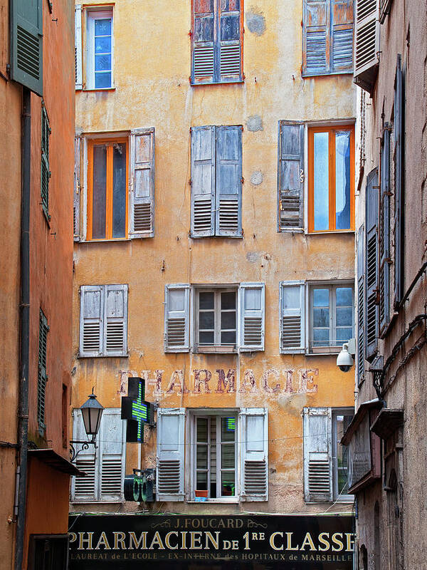 Pharmacy Art Print featuring the photograph A Case of the Shutters - Pharmacy in Grasse, France by Denise Strahm