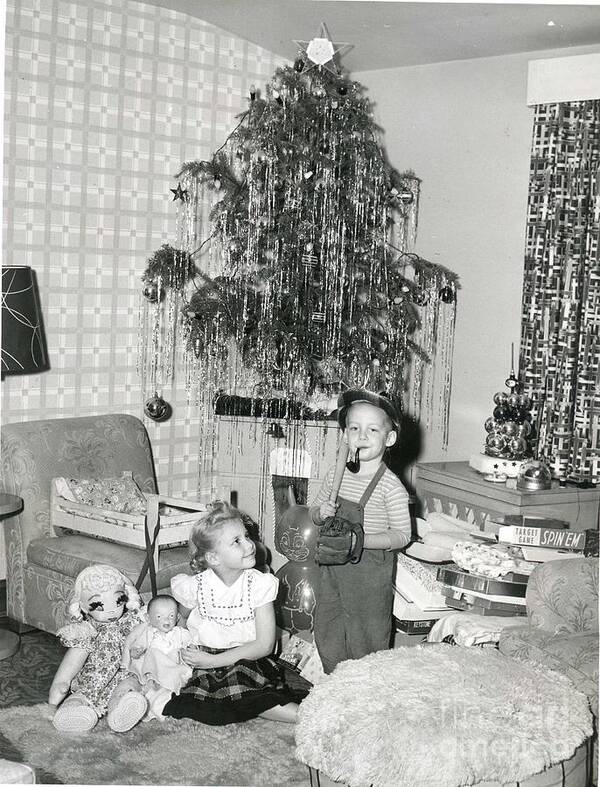 A Traditional Art Print featuring the photograph A traditional Christmas American scene early 30 50 photograph by Vintage Collectables