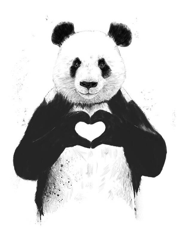 #faatoppicks Panda Animal Love Heart Black And White Humor Funny Drawing Grunge Animals Bear Street Art Graffiti Valentines Cute Cool Art Print featuring the painting All you need is love by Balazs Solti
