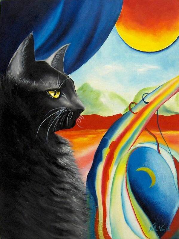 Surreal Cat Art Print featuring the painting Any Time by Nela Vicente