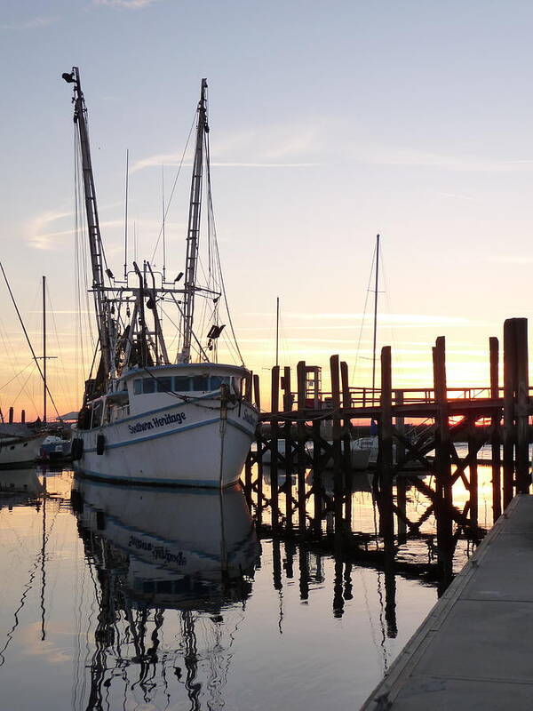Twilight Shrimp Boat Docks Piers Pilings Sailboats Sunset Reflections Art Print featuring the photograph April Afternoon by Joel Deutsch
