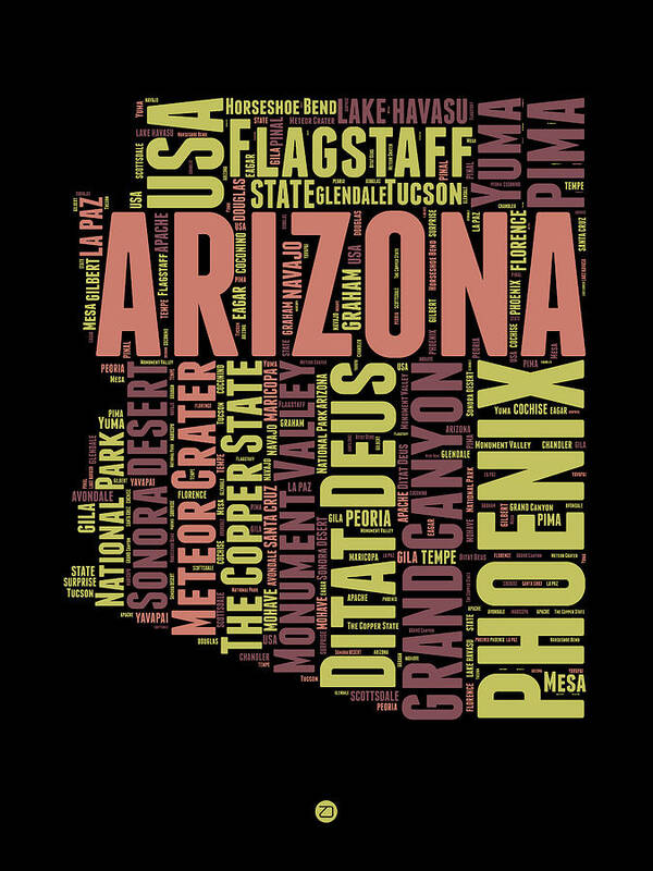 Arizona Art Print featuring the digital art Arizona Word Cloud Map 1 by Naxart Studio