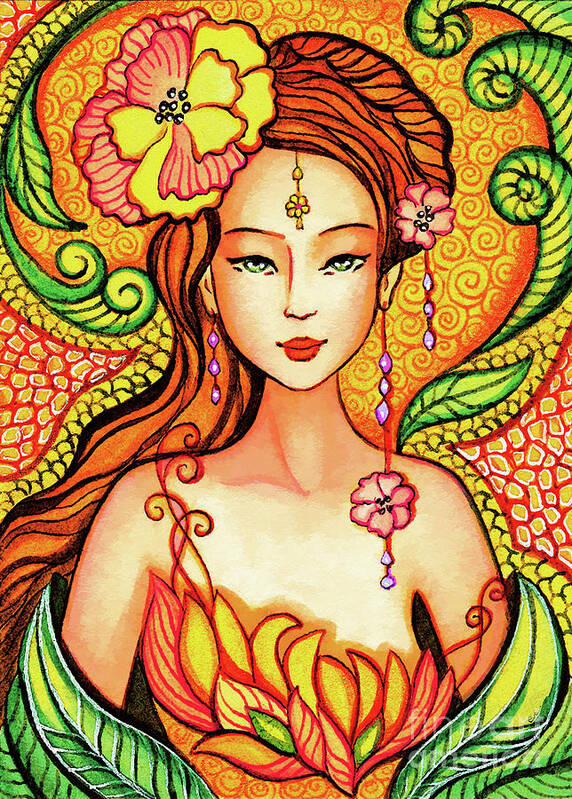 Asian Woman Art Print featuring the painting Asian Flower Mermaid by Eva Campbell