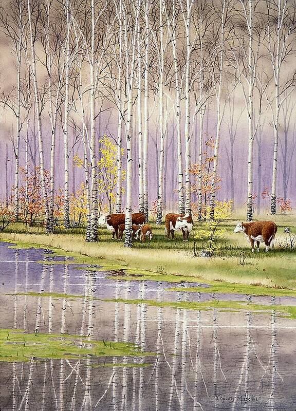 Dairy Cattle Art Print featuring the painting At the Pond by Conrad Mieschke