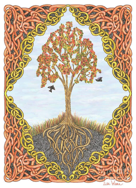 Lise Winne Art Print featuring the drawing Autumn Tree with Knotted Roots and Knotted Border by Lise Winne