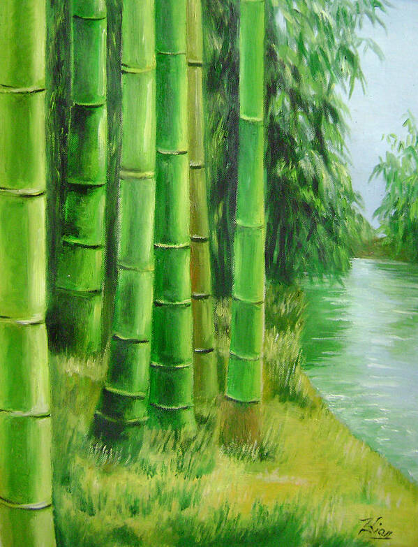 Trees Art Print featuring the painting Bamboos by the river by Lian Zhen