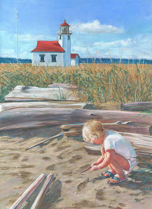 Birdseye Art Studio Art Print featuring the painting Beach by Lighthouse by Nick Payne