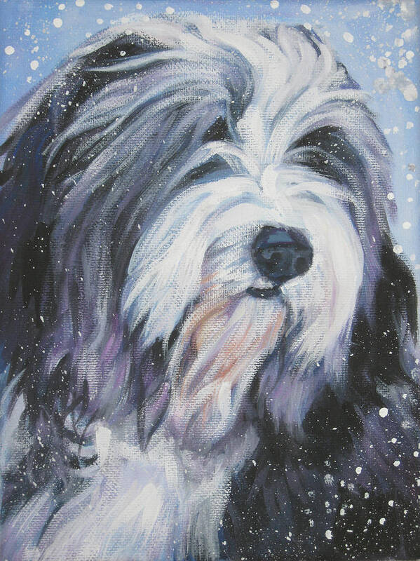 Bearded Collie Art Print featuring the painting Bearded Collie in Snow by Lee Ann Shepard