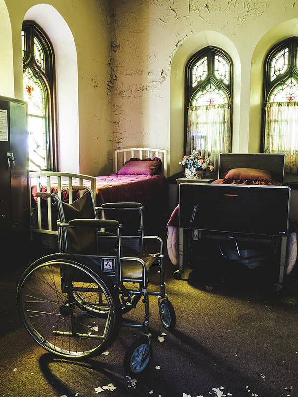 Abandoned Art Print featuring the photograph Beds and wheelchair in abandoned church by Dylan Murphy