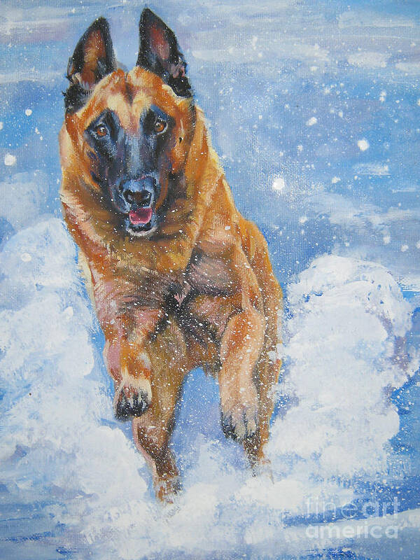 Belgian Malinois Art Print featuring the painting Belgian Malinois in Snow by Lee Ann Shepard