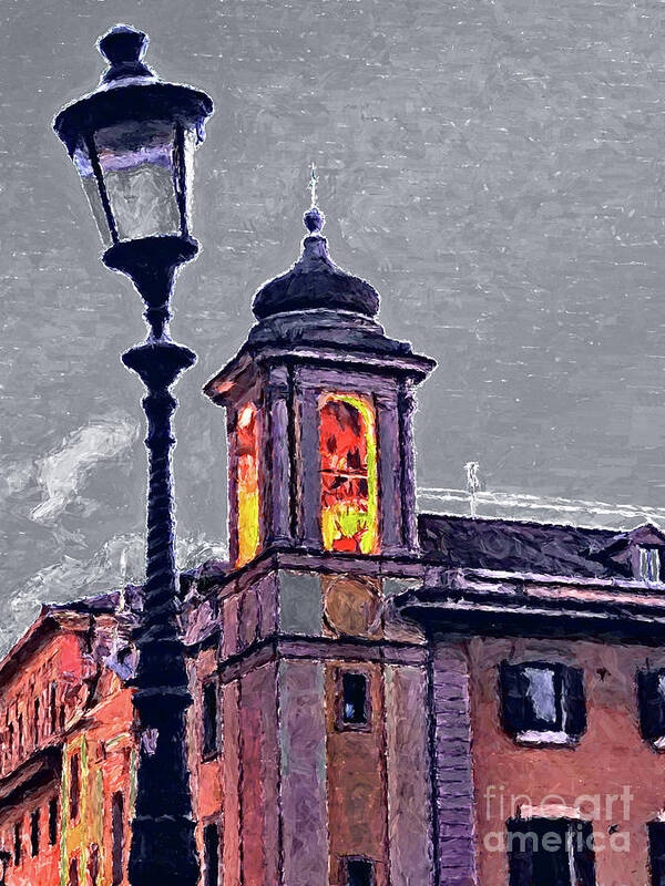 Bell Tower Art Print featuring the painting Bell Tower of Rome by GabeZ Art