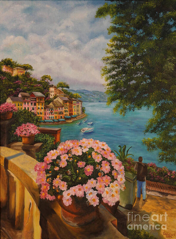 Portofino Italy Art Art Print featuring the painting Bird's Eye View of Portofino by Charlotte Blanchard