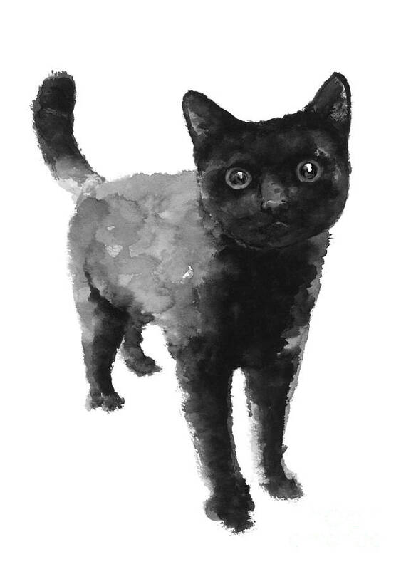 Cat Art Print featuring the painting Black cat watercolor painting by Joanna Szmerdt