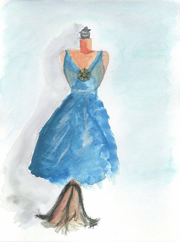 Blue Party Dress Art Print featuring the painting Blue dress with vintage jewels by Lauren Serene