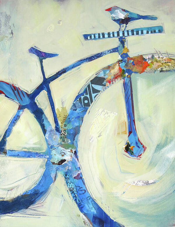 Blue Bike Art Print featuring the painting Blue Mt Bike And Bird by Shelli Walters
