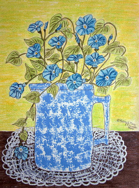 Blue Art Print featuring the painting Blue Spongeware Pitcher Morning Glories by Kathy Marrs Chandler