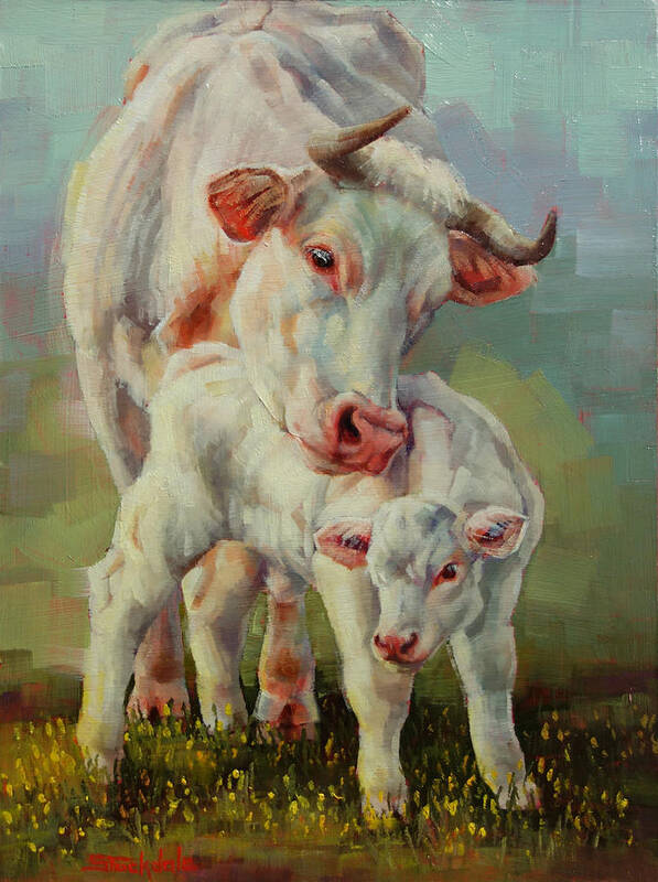 Cow Art Print featuring the painting Bonded Cow And Calf by Margaret Stockdale