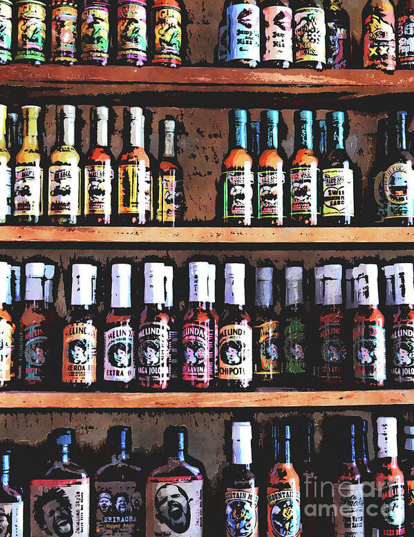 Hot Sauce Art Print featuring the digital art Bottles of Hot Sauce by Phil Perkins
