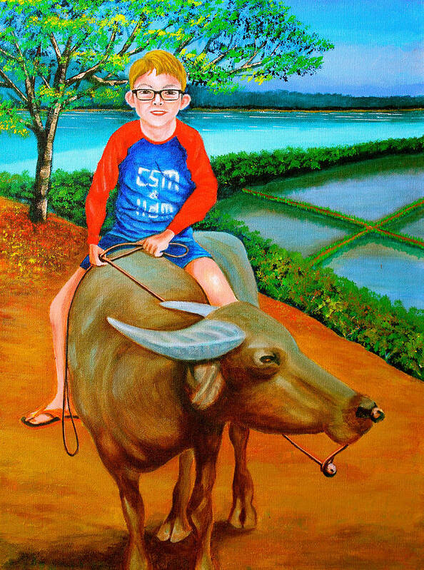 Boy Art Print featuring the painting Boy Riding a Carabao by Cyril Maza