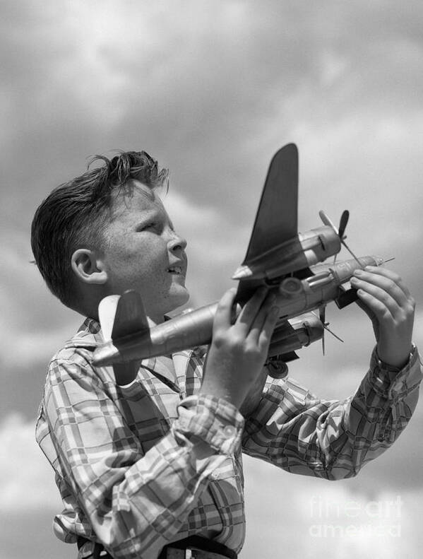 1950s Art Print featuring the photograph Boy With Model Airplane, C. 1940s by H. Armstrong Roberts/ClassicStock