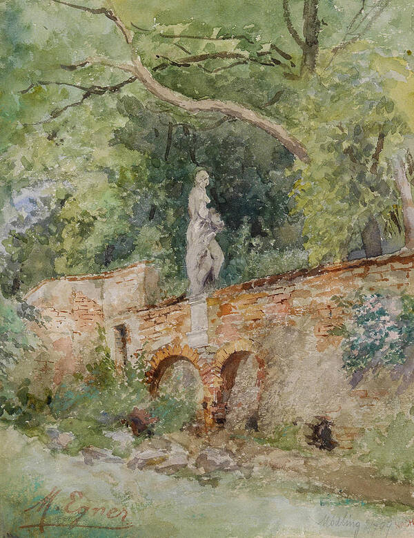 Marie Egner Art Print featuring the painting Brick Bridge with a Stone Figure by Marie Egner