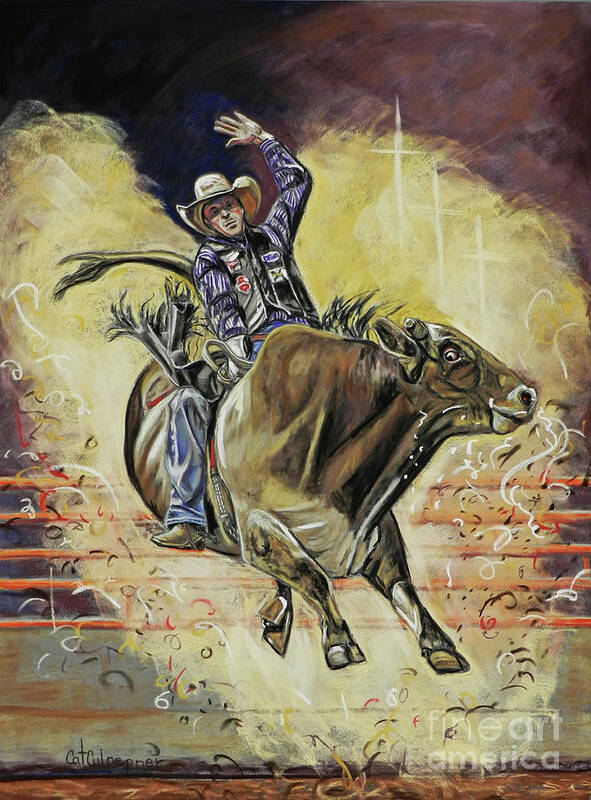 Festive Colorful Rodeo Bull Rider Art Print featuring the pastel Bullrider by Cat Culpepper