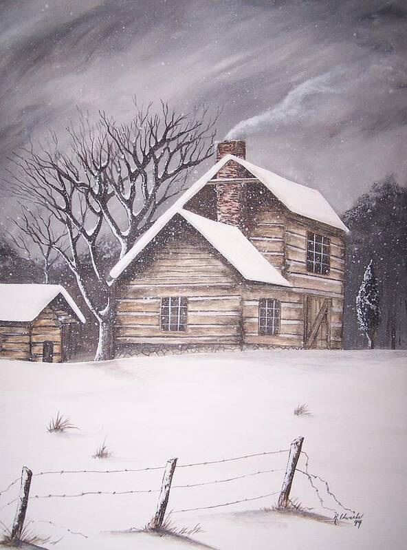 Snow Art Print featuring the painting Cabin In The Snow by Randy Edwards