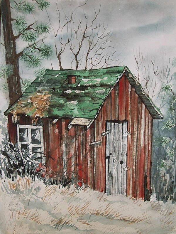 Rustic Barn Shack Quaint Landscape Art Print featuring the painting Cabin Shack by Lynne Haines