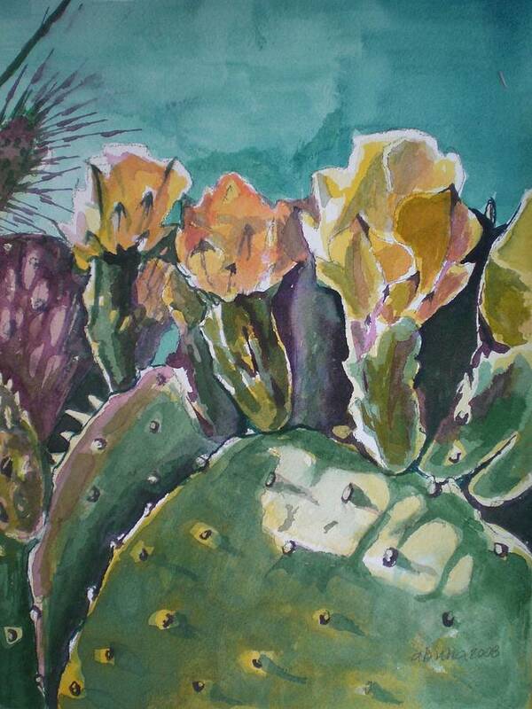 Desert Art Print featuring the painting Cactus Blossoms in Desert by Aleksandra Buha