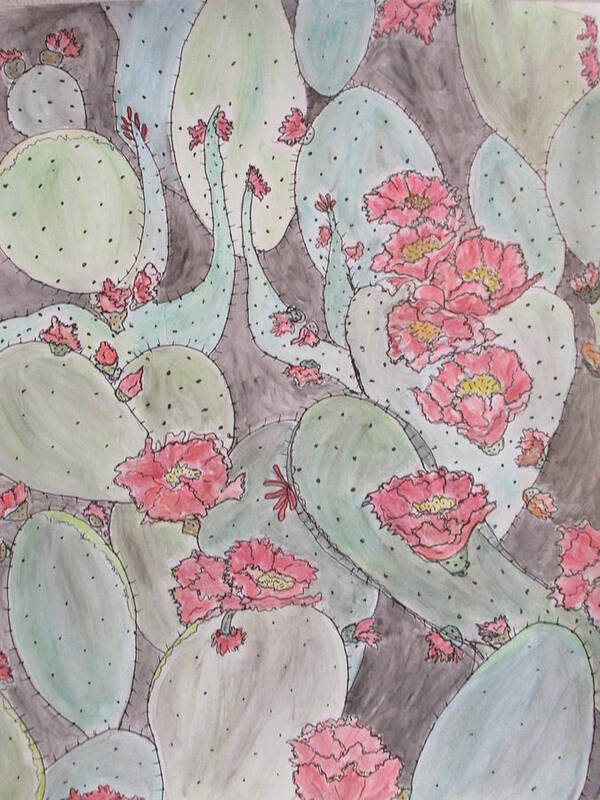 Abstract Cactus Blooming Desert Joy Dark Rose Lt. Rose Vermillion Carmine Pink Yellow All Greens Black Pen And Ink Art Print featuring the mixed media Cactus Voices #2 by Sharyn Winters