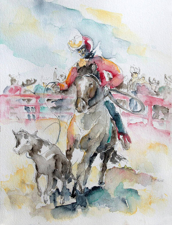 Horse Art Print featuring the painting Calf Roping by Barbara Pommerenke