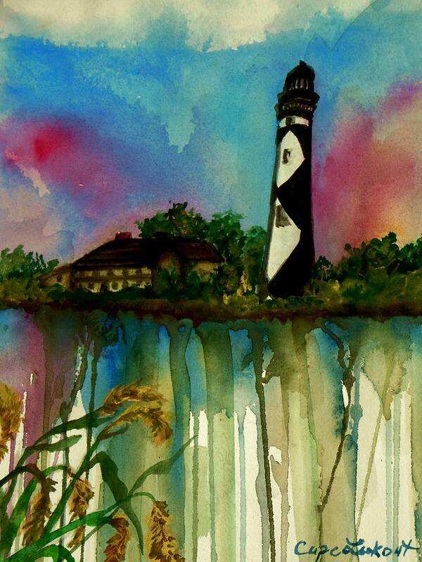 Lighthouse Art Print featuring the painting Cape Lookout by Lil Taylor