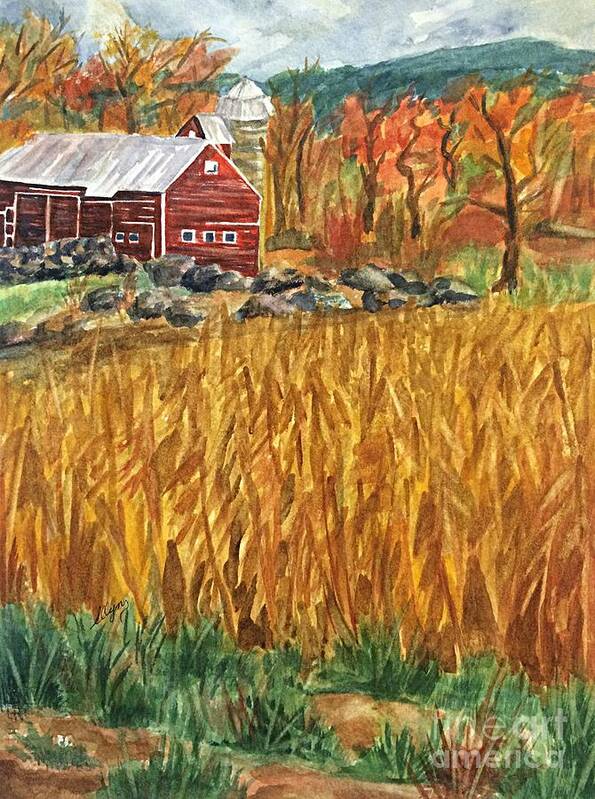 Red Barn Art Print featuring the painting Red Barn And Cornfields Catskills Autumn by Ellen Levinson