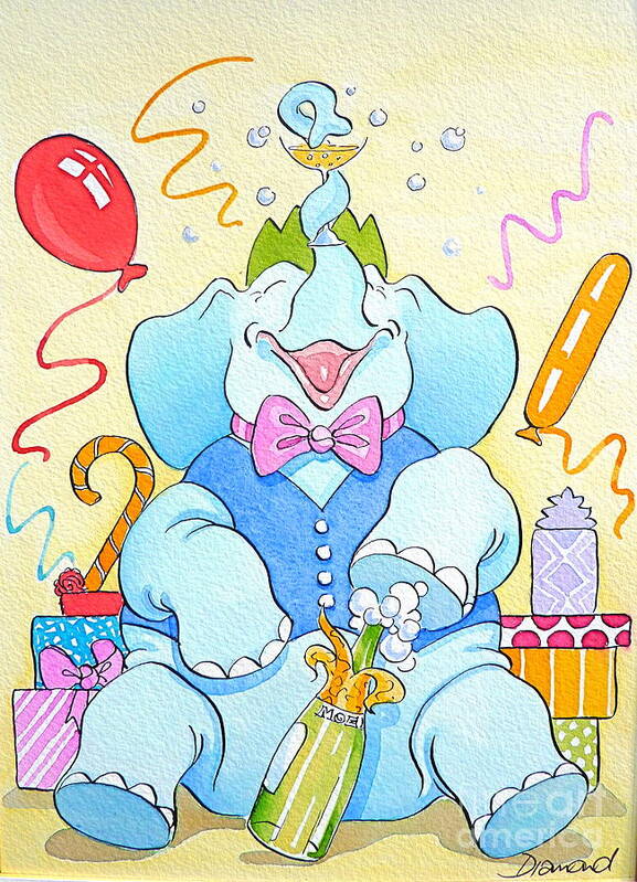 Elephant Balloons Presents Champagne Greetings Humor Fun Streamers Colour Children's Art Art Print featuring the painting Celebrations by Debbie Diamond