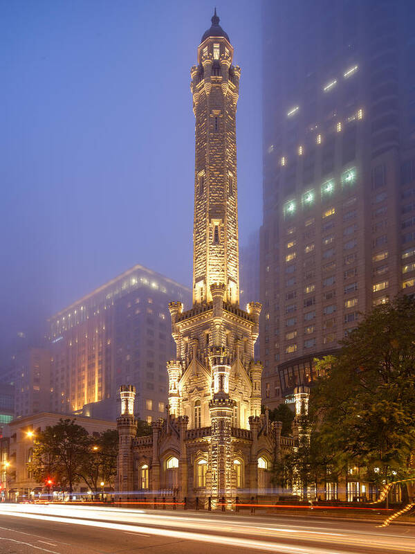 Windy Art Print featuring the photograph Chicago Historic Water Tower On Michigan Avenue Foggy Twilight - Chicago Illinois by Silvio Ligutti
