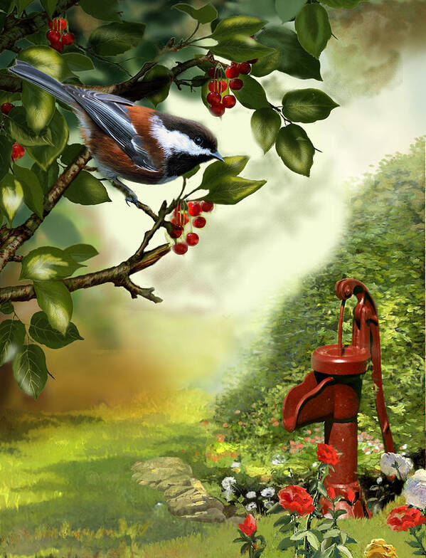 Chickadee With Water Pump Garden Print Art Print featuring the painting Chickadee visiting the water pump by Regina Femrite