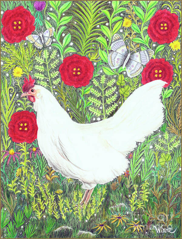 Lise Winne Art Print featuring the painting Chicken with Millefleurs and Butterflies by Lise Winne