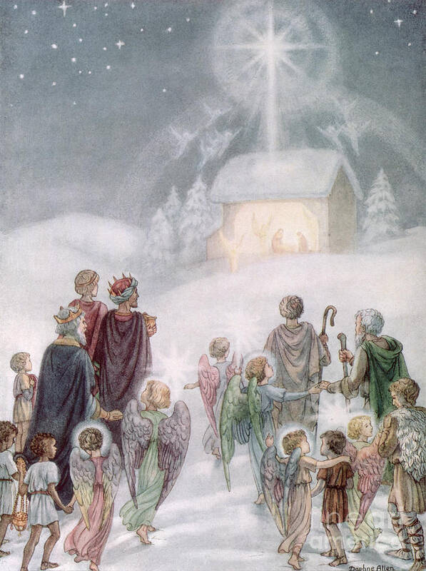 Angels; Nativity; Star; Three; Kings; Wings; Bethlehem Art Print featuring the painting Christmas Card by Daphne Allan