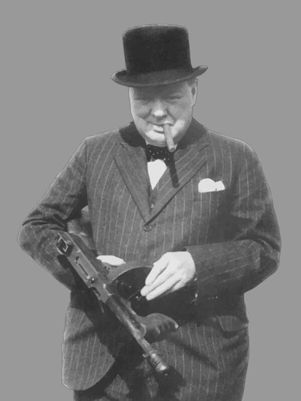Winston Churchill Art Print featuring the painting Churchill Posing With A Tommy Gun by War Is Hell Store