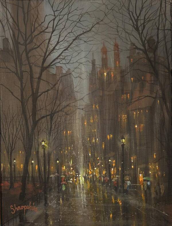 City Rain Art Print featuring the painting City Park by Tom Shropshire