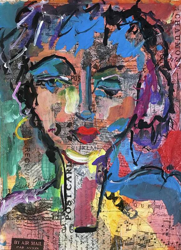 Abstract Faces Art Print featuring the painting CrazyLady 2 by Elaine Elliott
