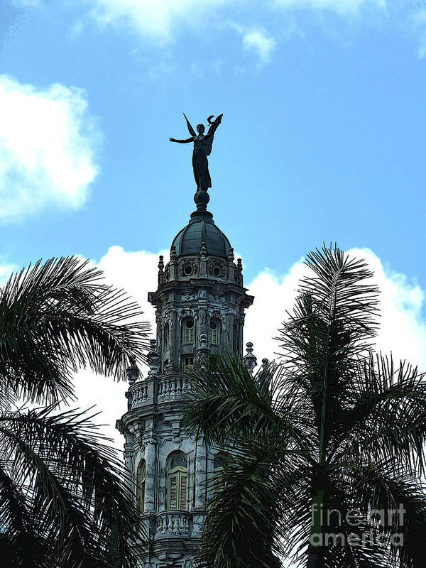 Digital Art Art Print featuring the digital art Cuba rooftop w protection statue by Francesca Mackenney