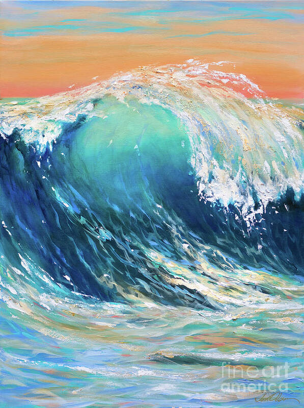 Surf Art Print featuring the painting Curl at Sunset by Linda Olsen