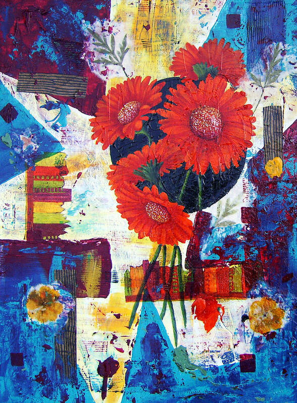 Daisy Flower Red Abstract Modern Collage Mixed Media Acrylic  Art Print featuring the painting Dance of the Daisies by Terry Honstead